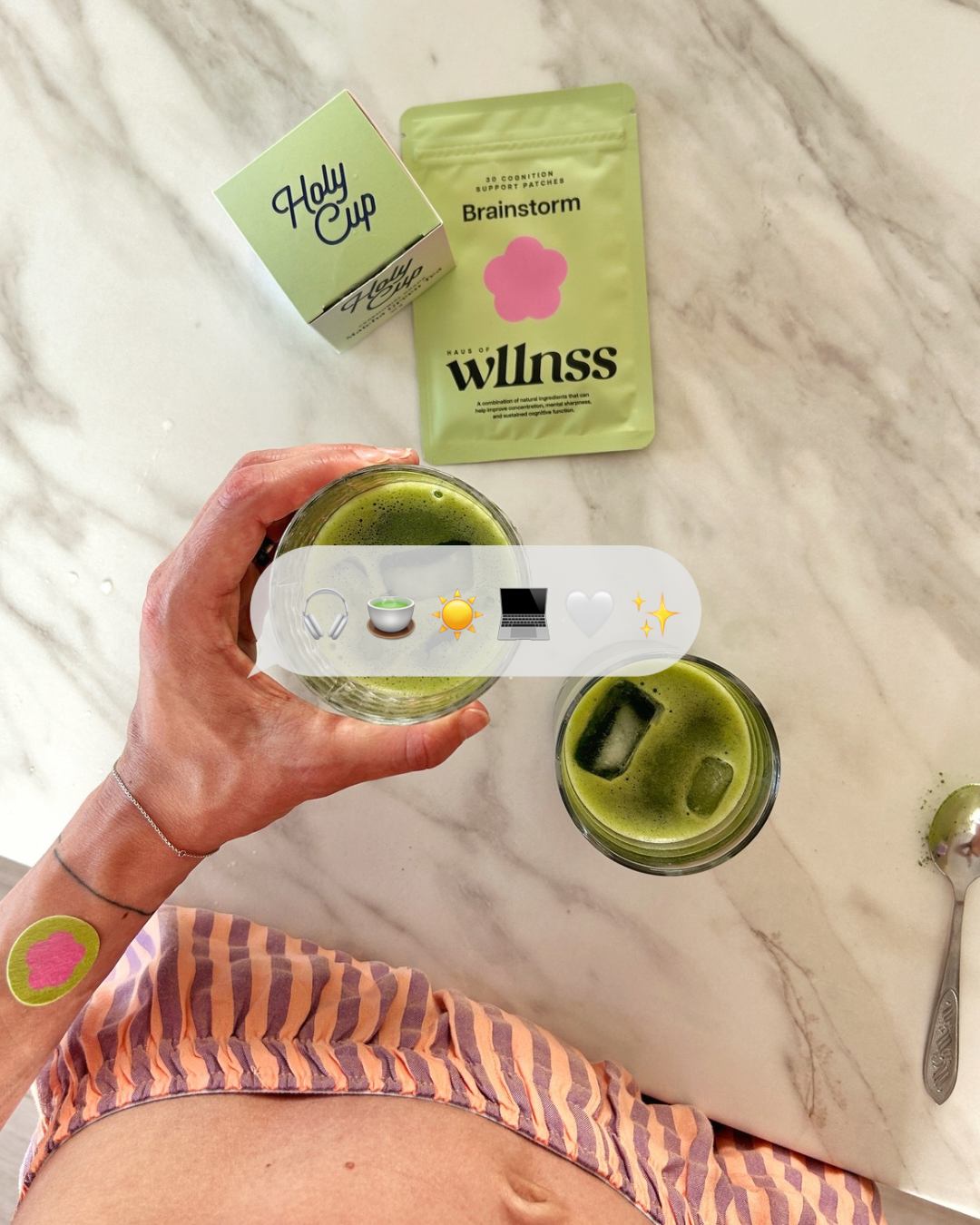 Flatlay of matcha and wellness patches on table