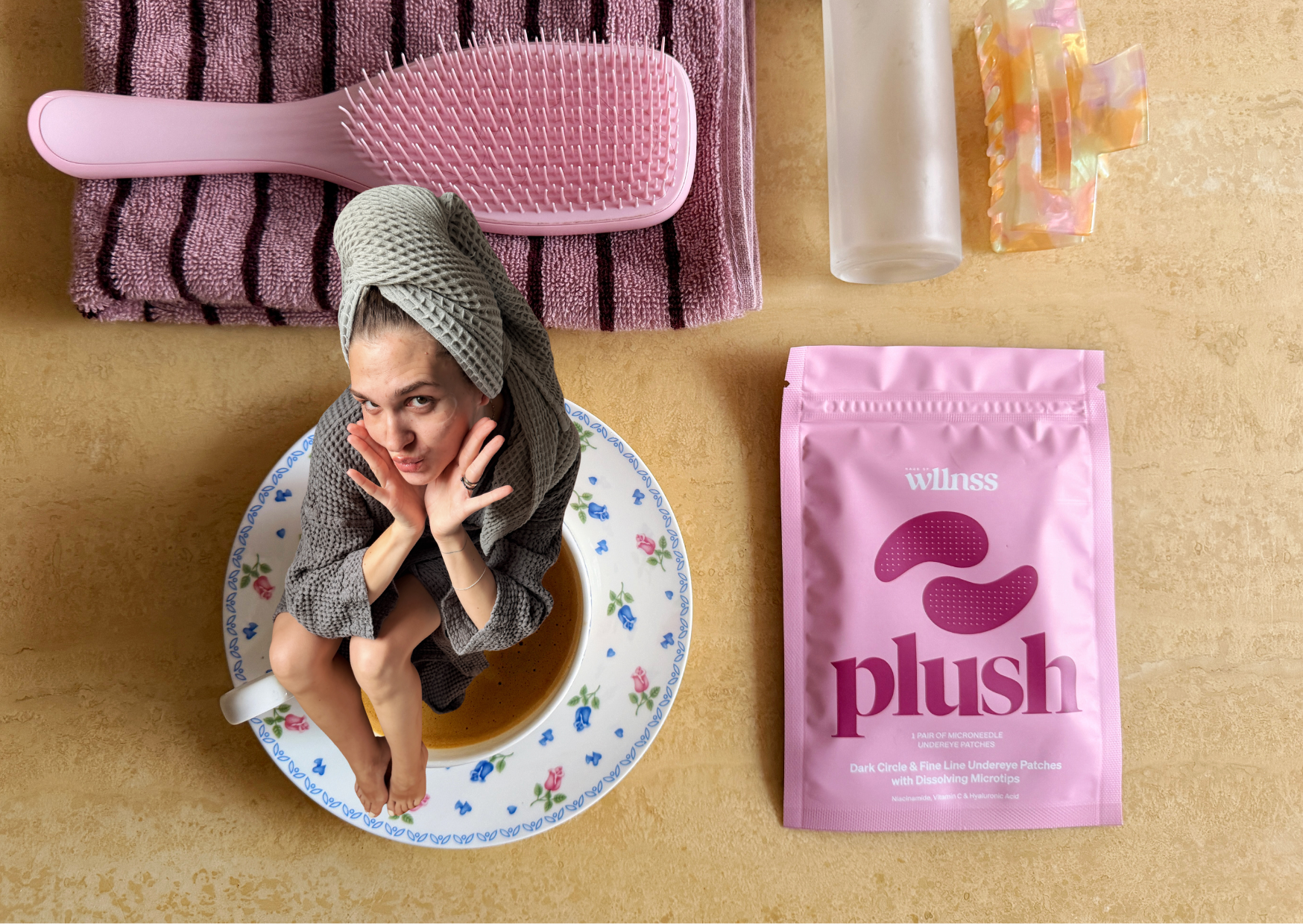 girl eating cherries, wearing heart-shaped microneedle spot patches